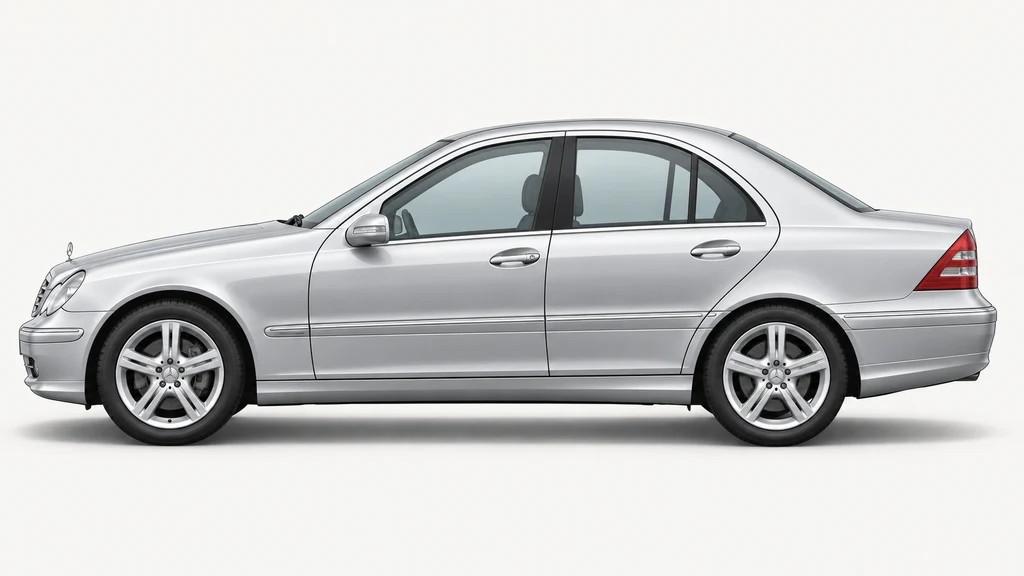 Silver Mercedes-Benz C-Class W203 sedan, generated side-profile illustration