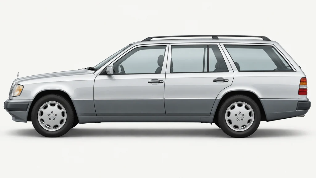 Silver Mercedes-Benz S124 wagon, generated side-profile illustration