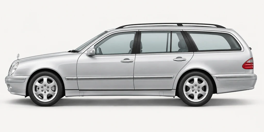 Silver Mercedes-Benz S210 wagon, generated side-profile illustration
