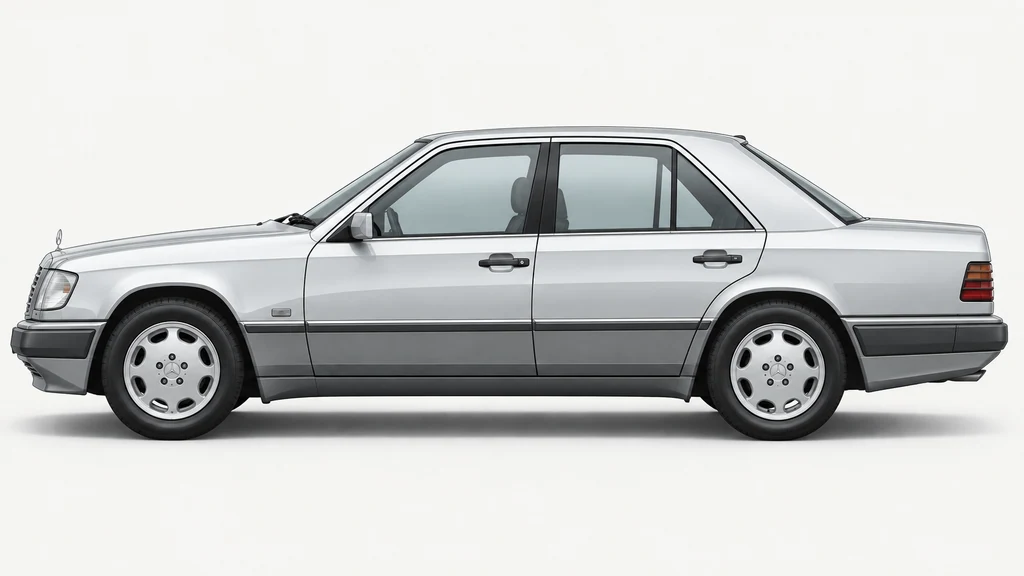 Silver Mercedes-Benz W124 sedan, generated side-profile illustration