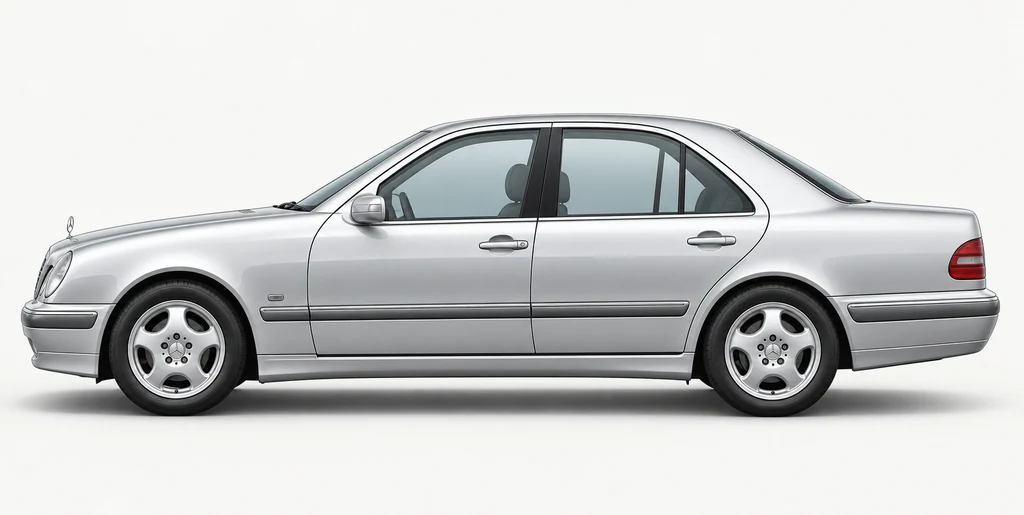 Silver Mercedes-Benz W210 sedan, generated side-profile illustration