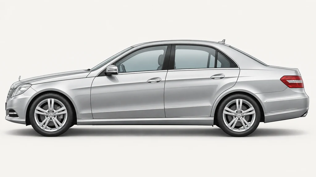Silver Mercedes-Benz W212 sedan, generated side-profile illustration