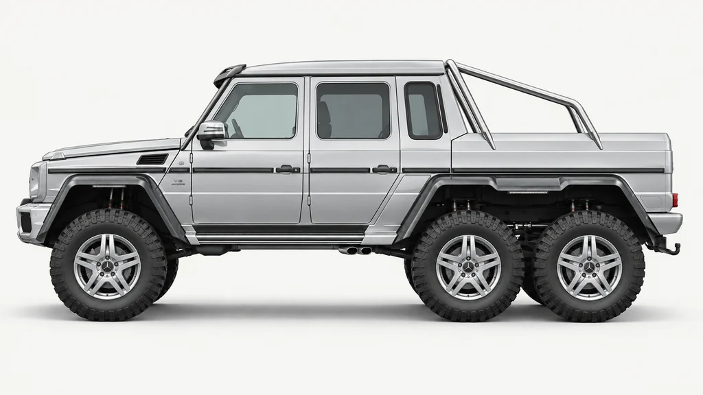 Silver Mercedes-Benz G63 AMG 6x6 six-wheel pickup, generated side-profile illustration